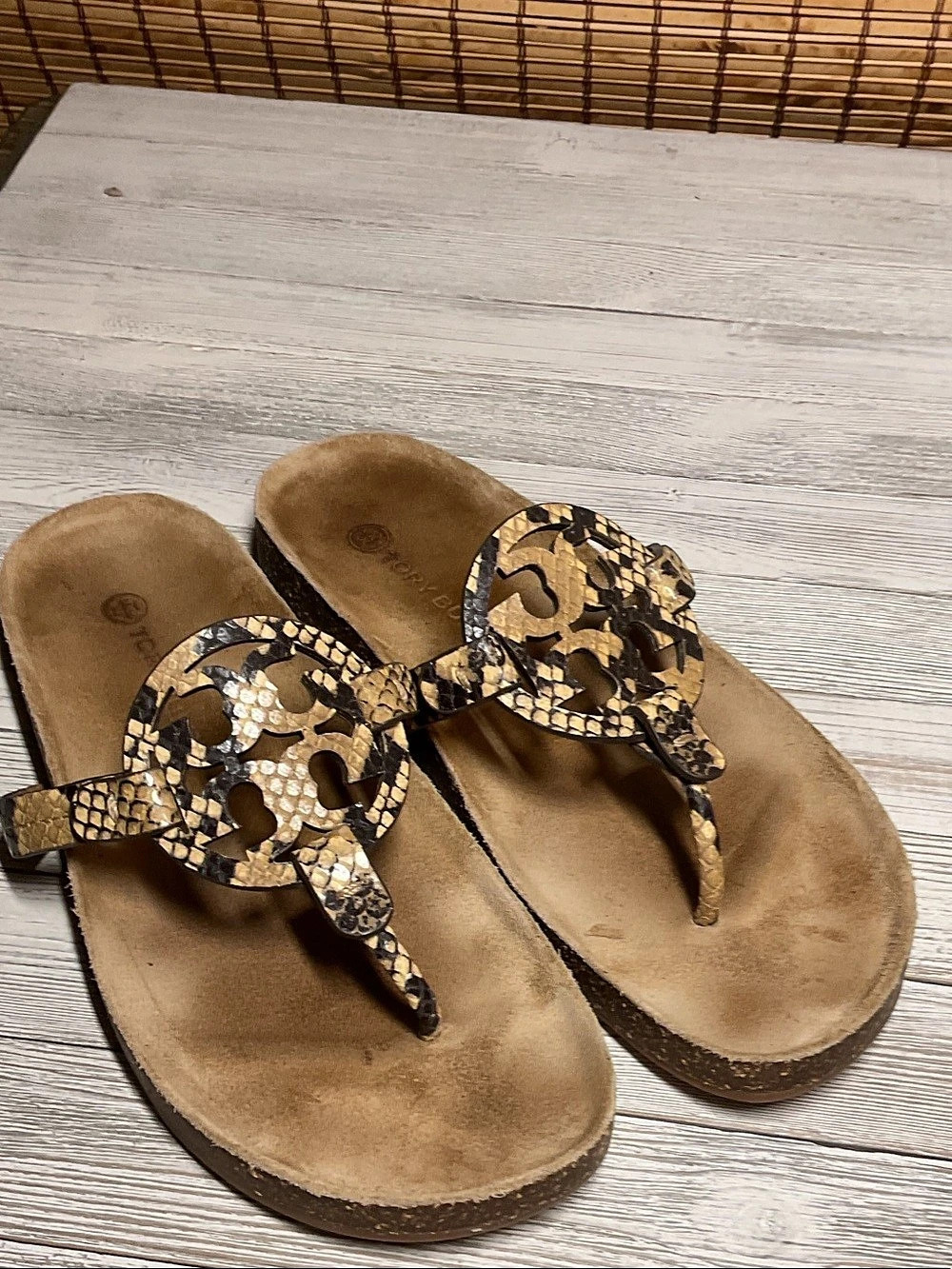 Tory Burch Miller Cloud Sandals in a snakeskin-embossed leather and cork Sz9.5